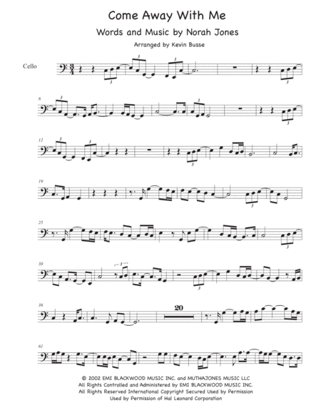 Free Sheet Music Come Away With Me Easy Key Of C Cello