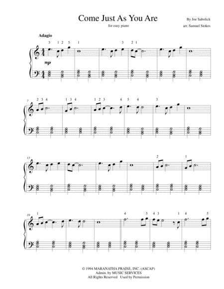 Come Just As You Are For Easy Piano Sheet Music