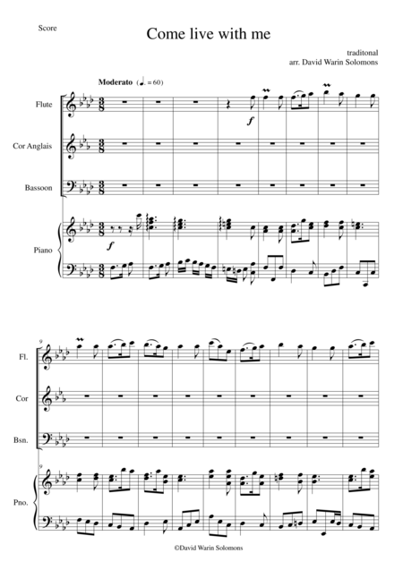 Come Live With Me For Flute Cor Anglais Bassoon And Piano Sheet Music