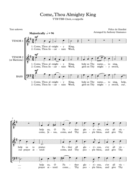 Free Sheet Music Come Thou Almighty King Ttb Or Tbb Choir A Cappella