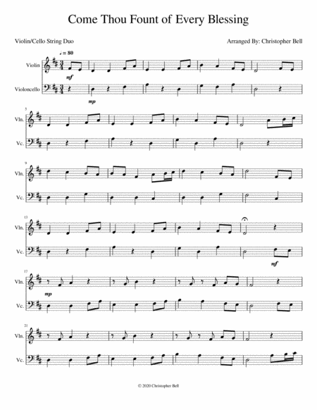 Come Thou Fount Of Every Blessing Violin Cello Duet Sheet Music