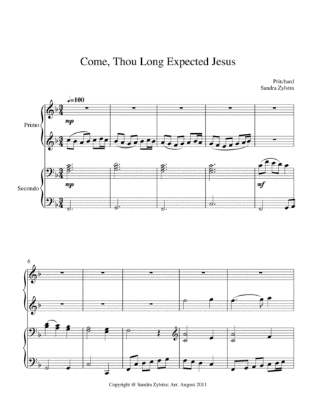 Come Thou Long Expected Jesus 1 Piano 4 Hand Duet Sheet Music