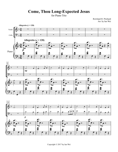 Come Thou Long Expected Jesus For Piano Trio Sheet Music