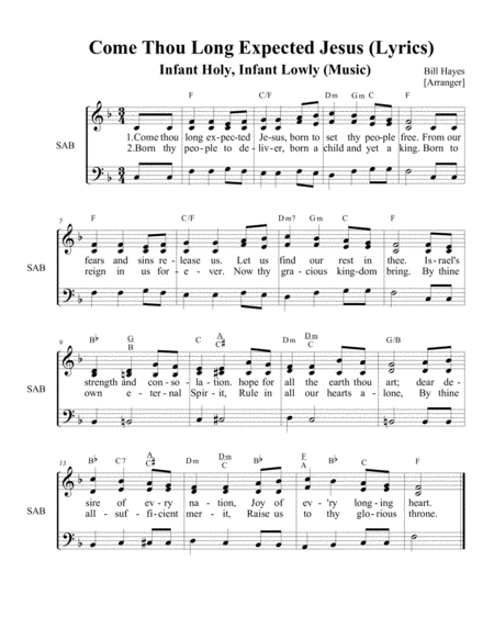 Free Sheet Music Come Thou Long Expected Jesus Lyrics With Infant Holy Infant Lowly Music