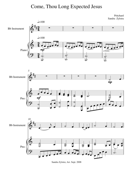 Come Thou Long Expected Jesus Treble Bb Instrument Solo Sheet Music