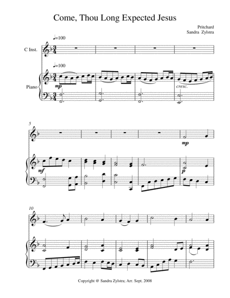 Come Thou Long Expected Jesus Treble C Instrument Solo Sheet Music