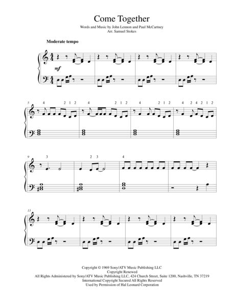 Come Together For Easy Piano Sheet Music