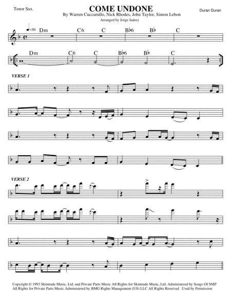 Free Sheet Music Come Undone Tenor Sax