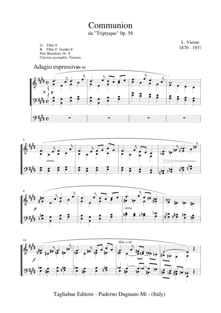 Communion L Vierne From Triptyque 0p 58 For Organ 3 Staff Sheet Music