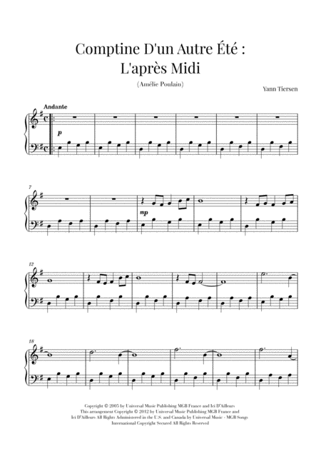 Comptine D Un Autret L Aprs Midi Yann Tiersen Piano Early Intermediate Sheet Music
