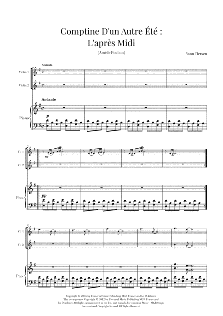 Comptine D Un Autret L Aprs Midi Yann Tiersen Trio Two Violins And Piano Sheet Music