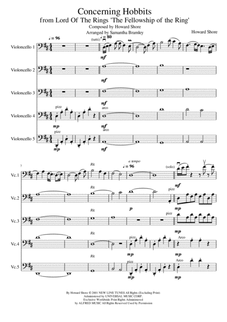 Concerning Hobbits Cello Quintet From Lord Of The Rings Sheet Music