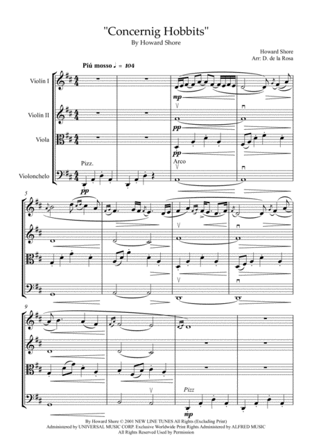 Free Sheet Music Concerning Hobbits Howard Shore Strings Quartet Full Score And Parts