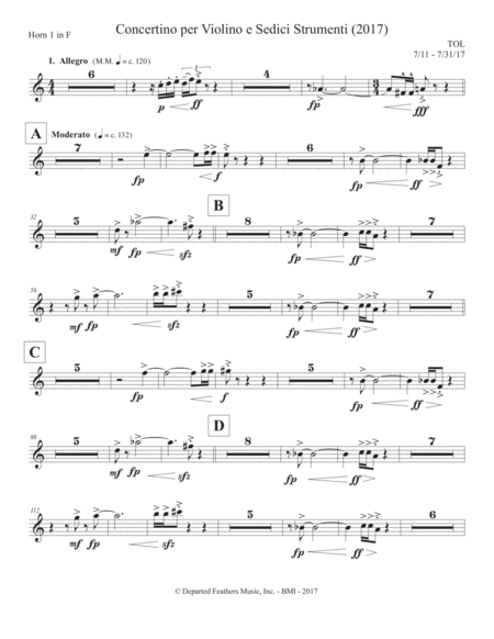 Concertino Per Violino E Sedici Strumenti 2017 Horn In F Part 1 Sheet Music