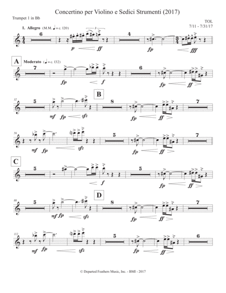 Concertino Per Violino E Sedici Strumenti 2017 Trumpet In Bb Part 1 Sheet Music