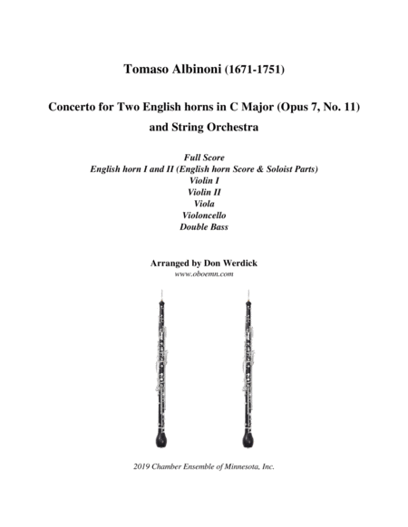 Concerto For Two English Horns In C Major Op 7 No 11 And String Orchestra Sheet Music