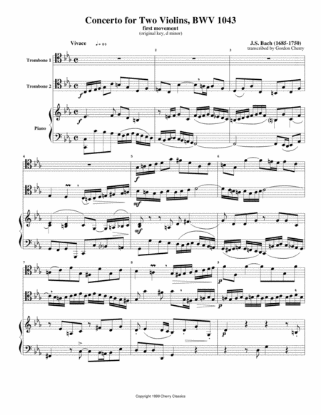 Free Sheet Music Concerto For Two Violins Bwv 1043 For Two Tenor Trombones Piano