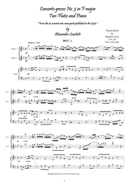 Concerto Grosso No 3 In F Two Flutes And Piano Scarlatti A Sheet Music