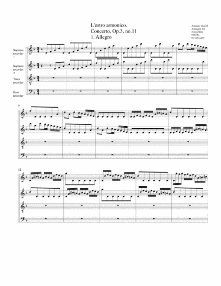 Concerto Grosso Op 3 No 11 Arrangement For 4 Recorders Sheet Music