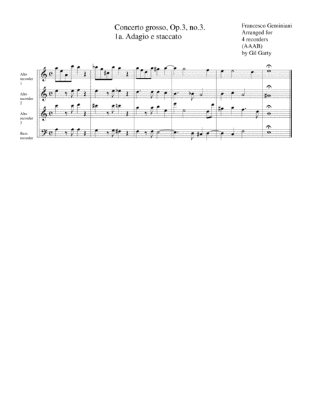 Free Sheet Music Concerto Grosso Op 3 No 3 Arrangement For 4 Recorders