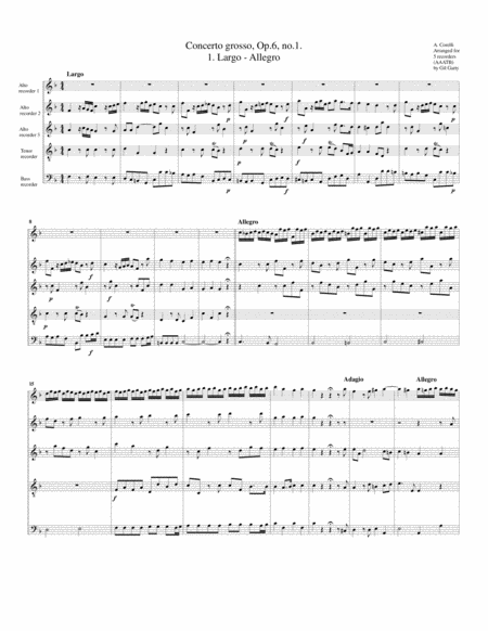 Free Sheet Music Concerto Grosso Op 6 No 1 Arrangement For 5 Recorders