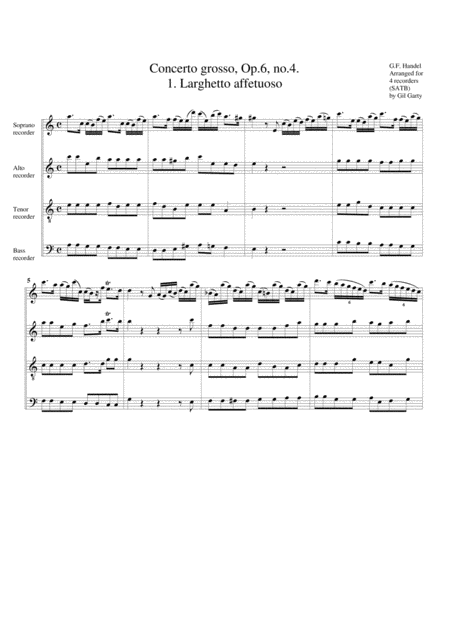 Concerto Grosso Op 6 No 4 Arrangement For 4 Recorders Sheet Music