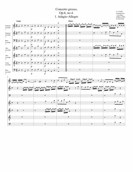 Concerto Grosso Op 6 No 4 Arrangement For 7 Recorders Sheet Music