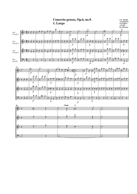 Concerto Grosso Op 6 No 9 Arrangement For 4 Recorders Sheet Music