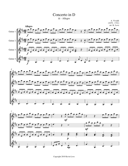 Free Sheet Music Concerto In D Iii Allegro Guitar Quartet Score And Parts