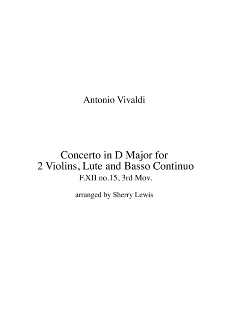 Concerto In D Major For 2 Violins Lute And Basso Continuo F Xii No 15 3rd Mov String Duo For String Duo Sheet Music