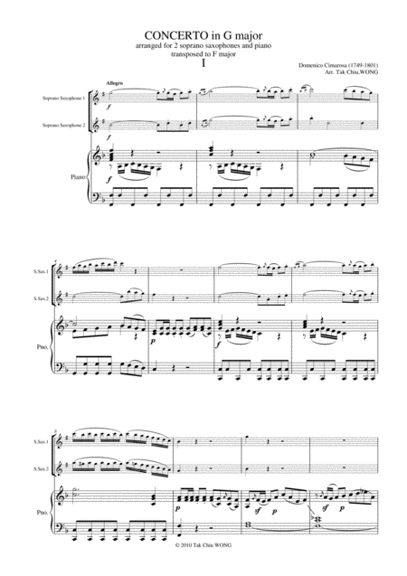 Free Sheet Music Concerto In G Major G 1077 Arranged For 2 Saxophones And Piano