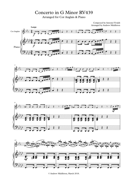 Concerto In G Minor Rv439 For Cor Anglais And Piano Sheet Music