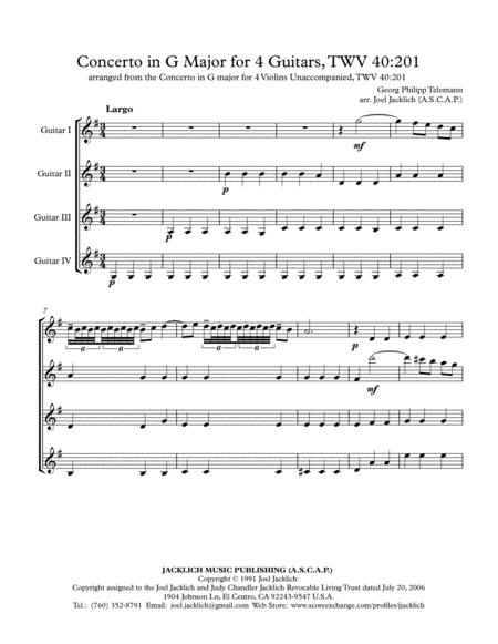 Concerto No 1 In G Major For Four Guitars Unaccompanied Twv40 201 Sheet Music