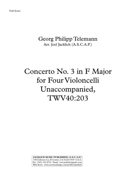 Concerto No 3 In F Major For Four Celli Unaccompanied Twv40 203 Sheet Music