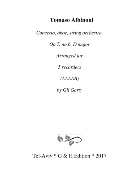 Concerto Oboe String Orchestra Op 7 No 6 Arrangement For 5 Recorders Sheet Music