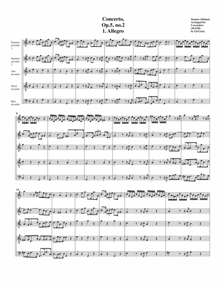 Free Sheet Music Concerto Op 5 No 2 Arrangement For 5 Recorders