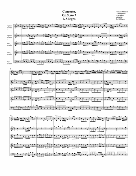 Free Sheet Music Concerto Op 5 No 3 Arrangement For 5 Recorders