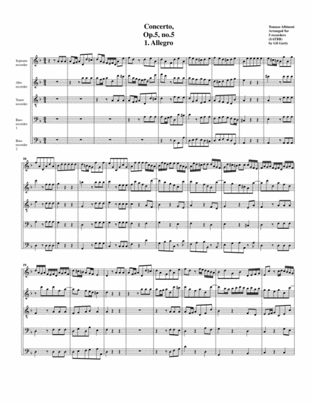 Concerto Op 5 No 5 Arrangement For 5 Recorders Sheet Music