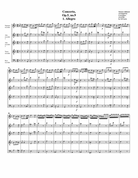 Free Sheet Music Concerto Op 5 No 9 Arrangement For 5 Recorders