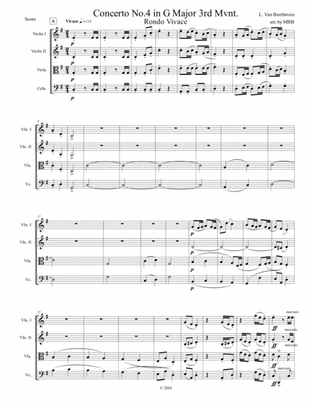 Free Sheet Music Concertos For Five Beethoven 4th Piano Concerto Arr For String Quartet 3rd Mvnt String Score Only