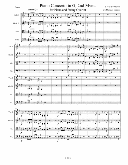 Concertos For Five Beethoven 4th Piano Concerto In G Arr For String Quartet 2nd Mvnt Score Only Sheet Music