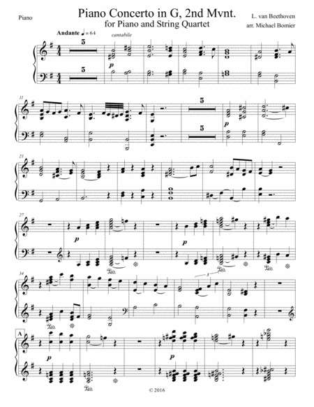 Free Sheet Music Concertos For Five Beethoven Concerto In G Maj Arr For String Quartet 2nd Mvnt Piano Solo Part Only