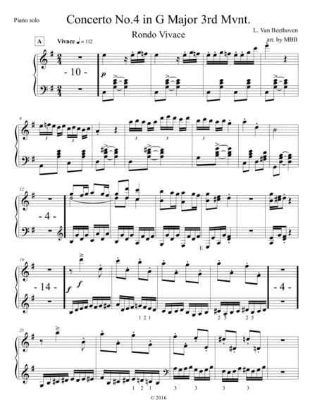 Concertos For Five Beethoven Piano Concerto In G Arr For String Quartet 3rd Mvnt Piano Solo Part Only Sheet Music