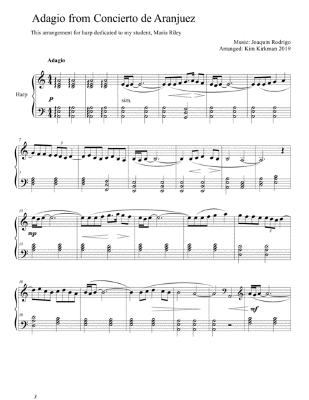 Free Sheet Music Concierto De Aranjuez Adagio Arranged For Easy Harp In C