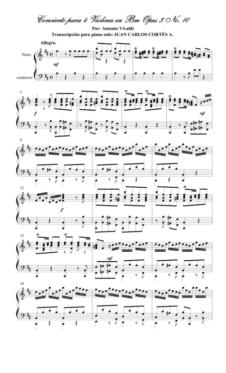 Concierto Para 4 Violines En Bm Vivaldi Piano Solo I Allegro Sheet Music