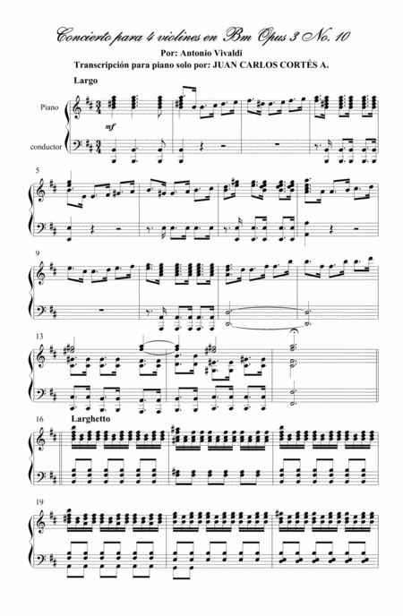 Concierto Para 4 Violines En Bm Vivaldi Piano Solo Ii Largo Sheet Music