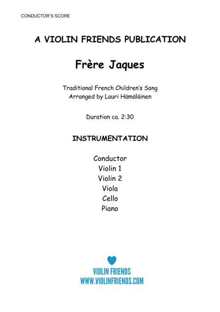 Conductors Score To Frre Jaques Arranged For Junior String Orchestra With Piano Accompaniment Sheet Music