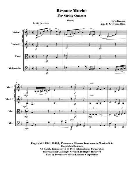 Free Sheet Music Consuelo Velzquez Besame Mucho Kiss Me Much For String Quartet