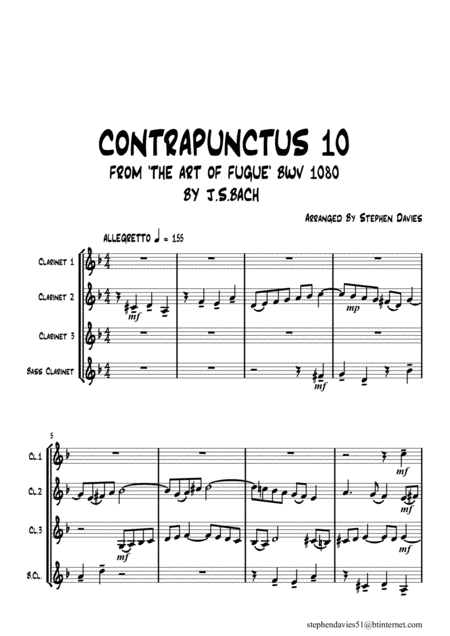 Contrapunctus 10 By Js Bach Bwv 1080 From The Art Of The Fugue For Clarinet Quartet Sheet Music