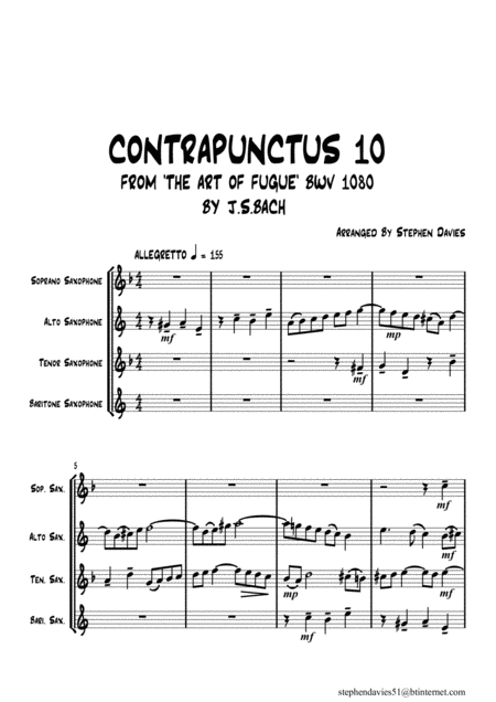 Free Sheet Music Contrapunctus 10 By Js Bach Bwv 1080 From The Art Of The Fugue For Saxophone Quartet